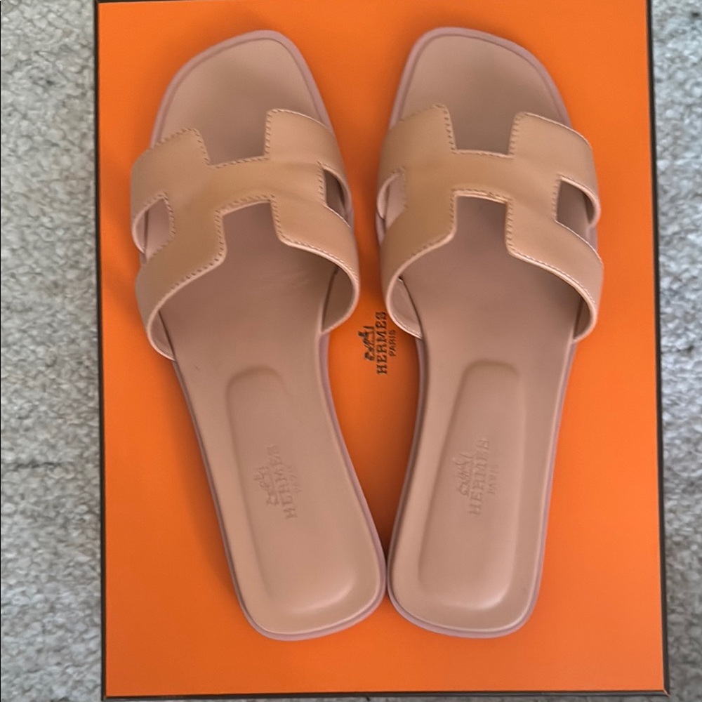 Hermes Tan Sandals with Iconic H Cut-Out Design